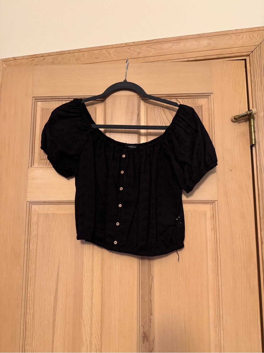 Ambiance Black Eyelet Puff-Sleeve Crop Top with Buttons